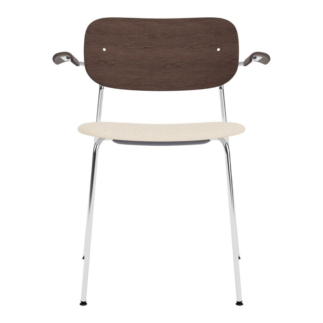 Stylish chair with a dark wooden backrest, creamy seat, and sleek chrome legs, perfect for modern decor.