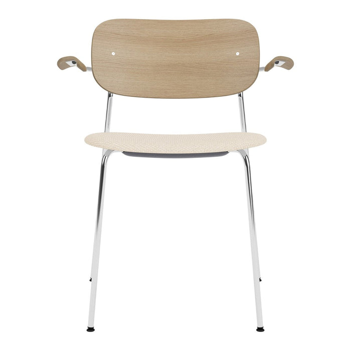 Light wood chair with a smooth surface and sleek chrome legs, featuring a minimalist and modern design.