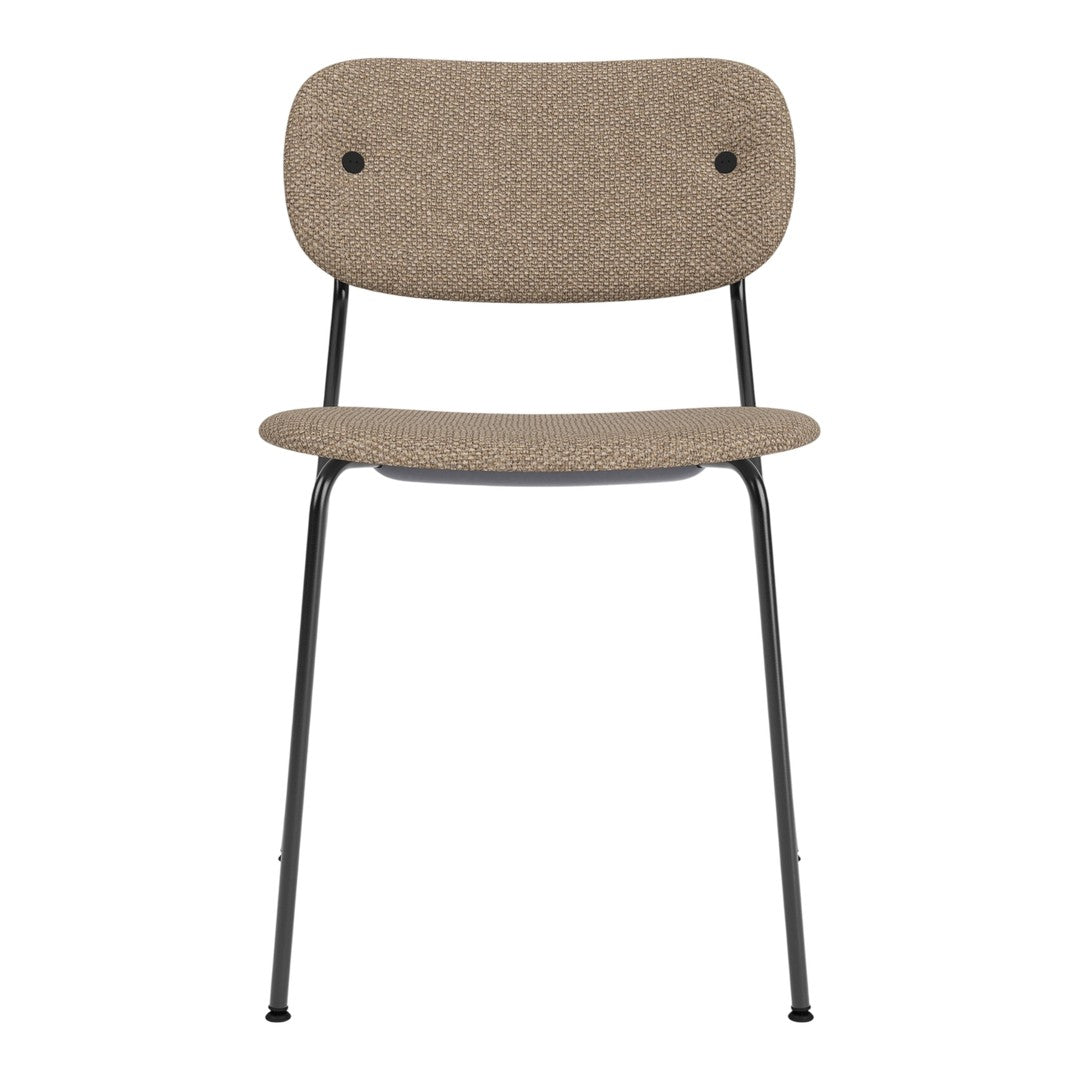 Brown textured upholstery chair with a sleek black metal frame and minimalist design. Perfect for modern decor.