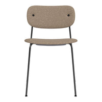Brown textured upholstery chair with a sleek black metal frame and minimalist design. Perfect for modern decor.