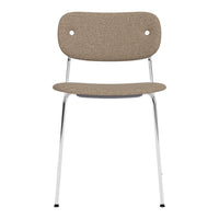 Light brown upholstered chair with smooth, minimalist design and chrome legs. Perfect for modern decor.