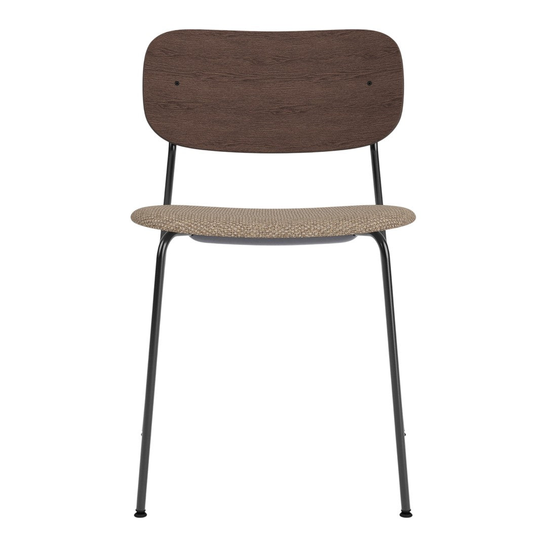Brown wooden backrest, tan cork seat, and black metal legs create a modern, minimalist chair design.
