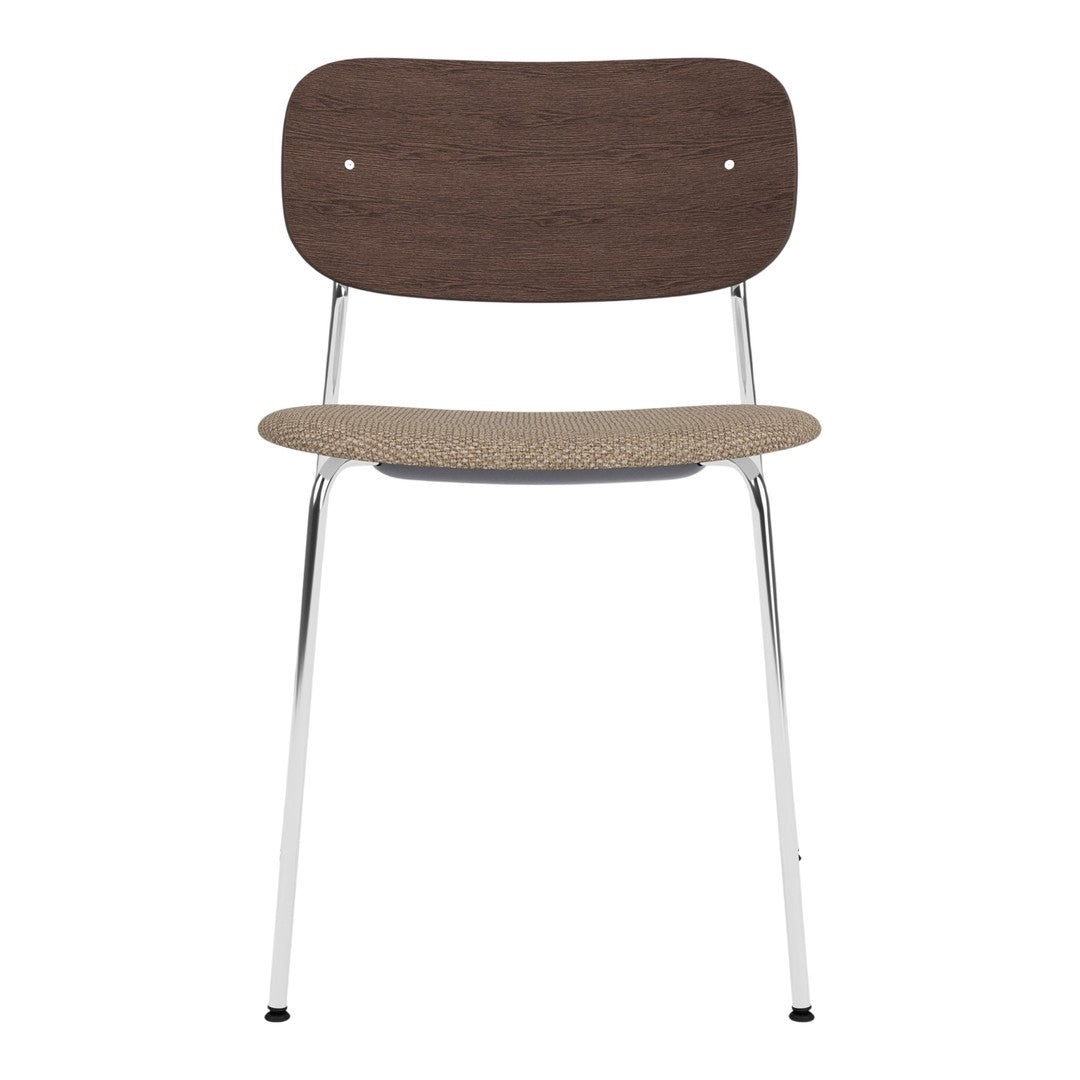 Brown wooden backrest and beige seat with chrome legs. Simple, modern design perfect for minimalist decor.