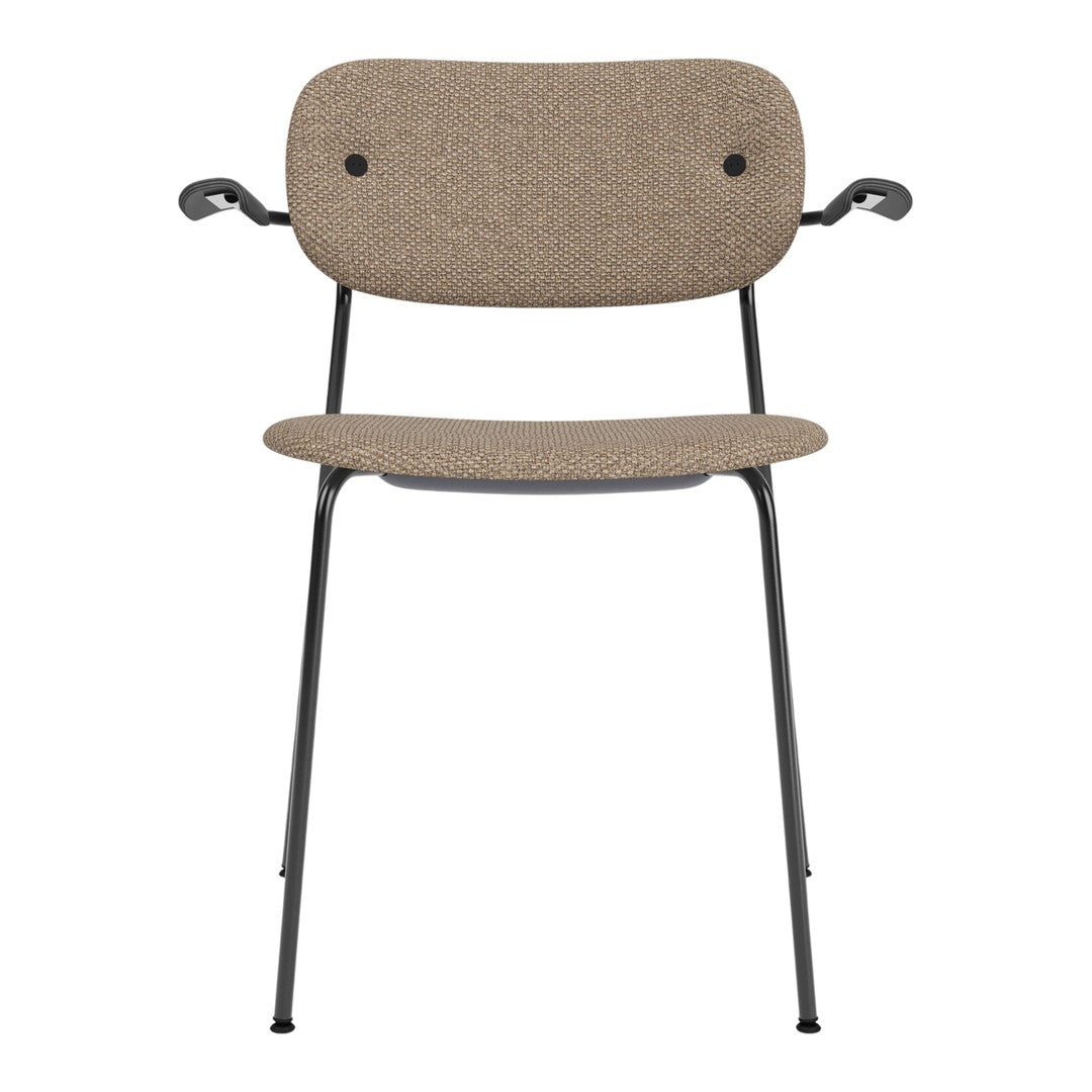 Brown textured fabric chair with black metal arms and legs, featuring a minimalist design.