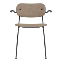 Brown textured fabric chair with black metal arms and legs, featuring a minimalist design.