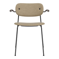 Beige upholstered chair with black metal legs and armrests, featuring a simple, minimalist design.