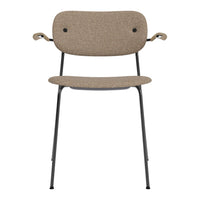 Tan fabric seat and back with black metal frame, featuring a minimalist design and subtle texture.