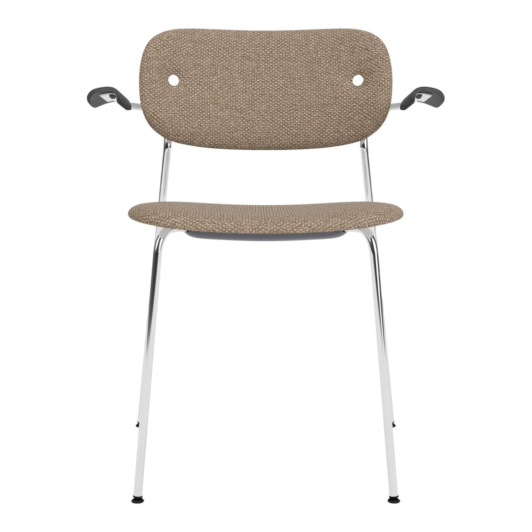 Brown fabric upholstered chair with a sleek, modern chrome frame and minimalist design. Ideal for contemporary spaces.