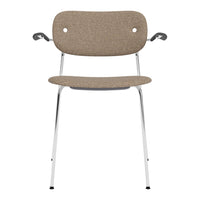 Brown fabric upholstered chair with a sleek, modern chrome frame and minimalist design. Ideal for contemporary spaces.