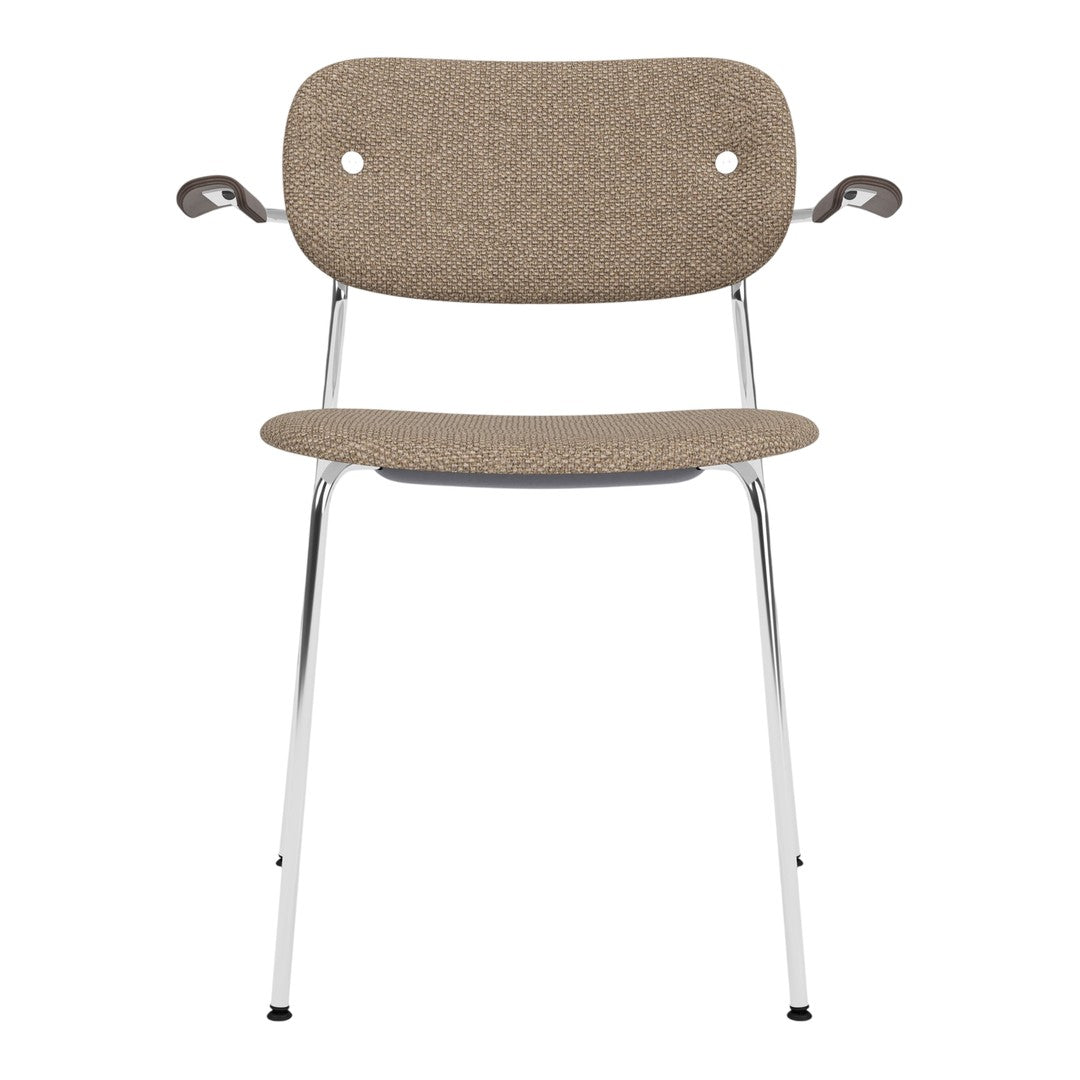 Beige upholstered chair with a simple, textured pattern and chrome legs. Modern and minimalistic design.