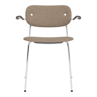 Beige upholstered chair with a simple, textured pattern and chrome legs. Modern and minimalistic design.