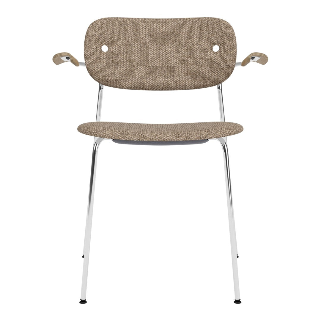 Brown textured upholstery chair with chrome legs and minimalist design, perfect for modern decor.