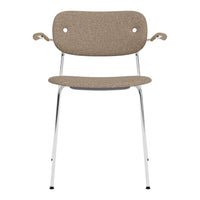 Brown textured upholstery chair with chrome legs and minimalist design, perfect for modern decor.