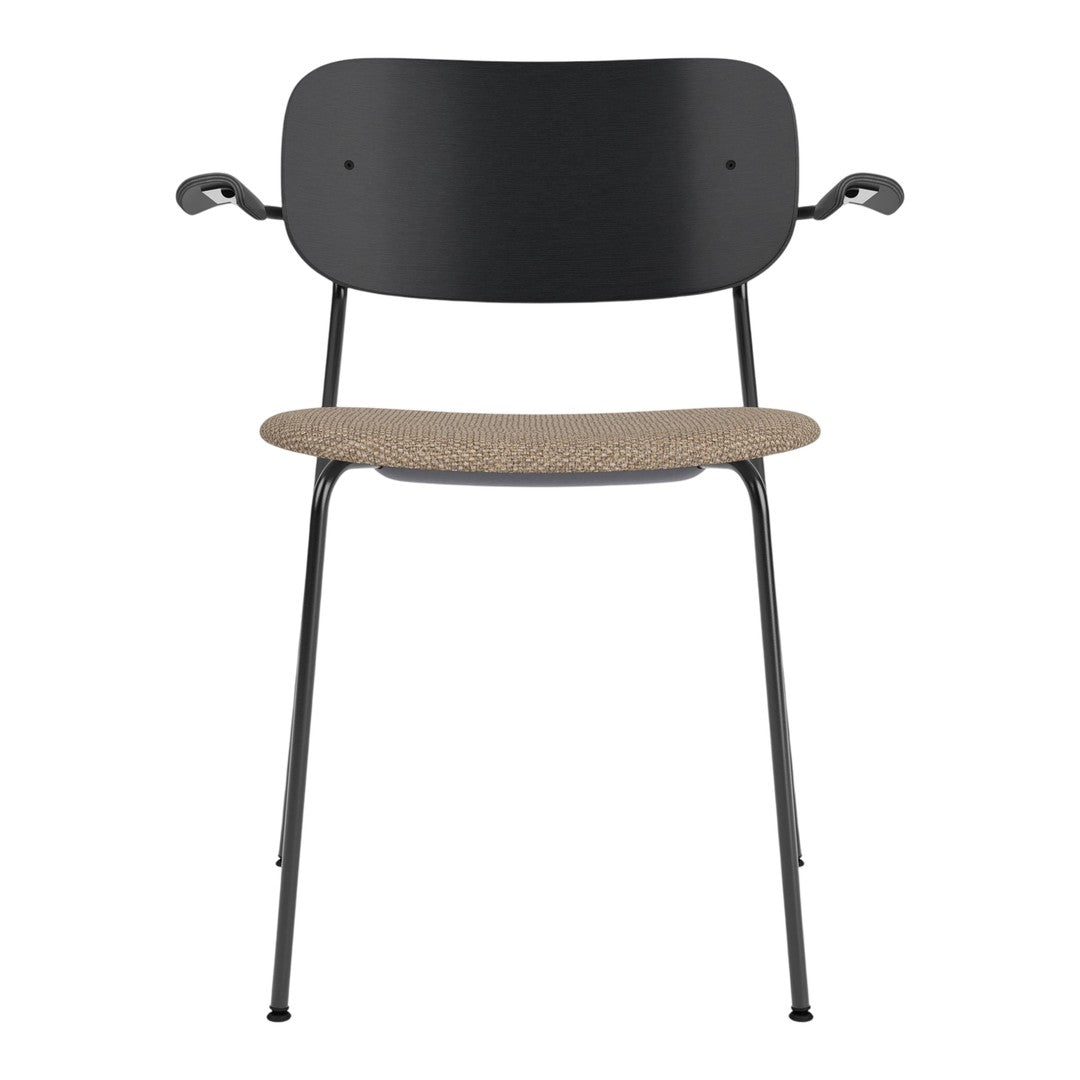 Black metal chair with a natural cork seat, featuring sleek, minimalist design and smooth lines.