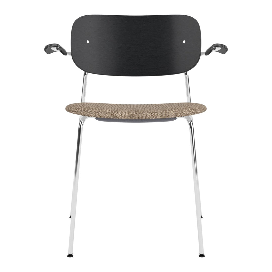 Black and beige chair with a sleek chrome frame and curved backrest, perfect for modern interiors.
