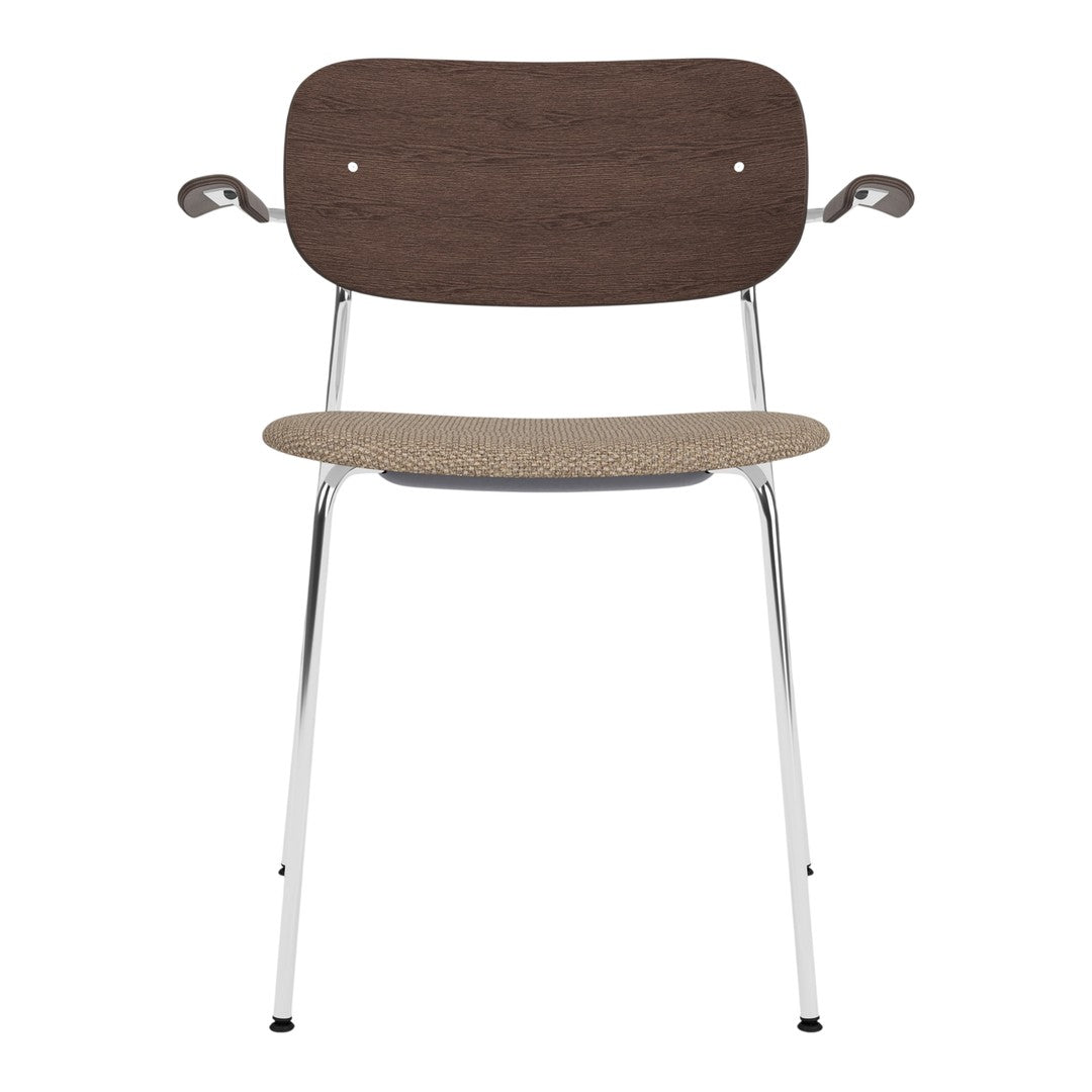 Brown wooden backrest, beige seat with a subtle textured pattern, and sleek chrome legs. Modern design aesthetic.