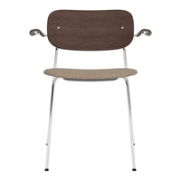 Brown wooden backrest, beige seat with a subtle textured pattern, and sleek chrome legs. Modern design aesthetic.