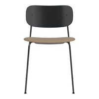 Black metal chair with a smooth beige wood seat, featuring a sleek, minimalist design. Perfect for modern spaces.