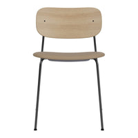 "Light wood chair with a smooth finish and simple black metal legs, featuring a minimalist design."