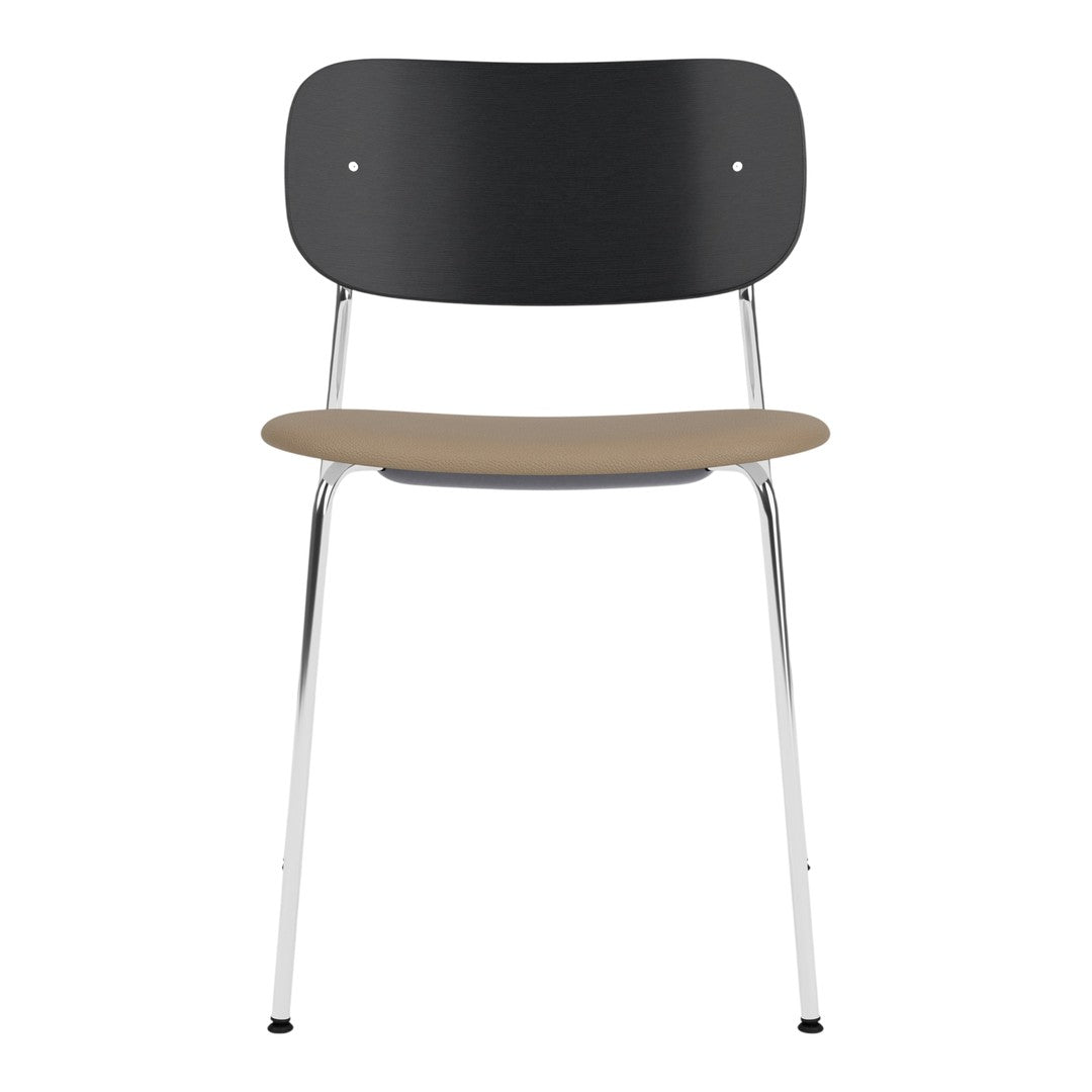 Minimalist chair featuring a sleek black backrest, warm beige seat, and chrome legs for a modern design aesthetic.