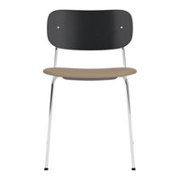 Minimalist chair featuring a sleek black backrest, warm beige seat, and chrome legs for a modern design aesthetic.