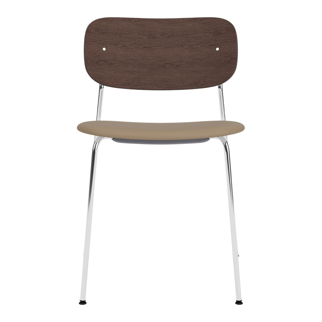 Brown wood grain backrest chair with a beige seat and sleek chrome legs, perfect for modern decor.