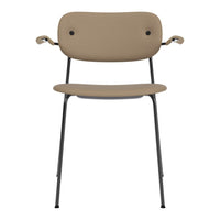 Tan chair with minimalist design and black metal legs, featuring smooth, solid color and subtle curves.