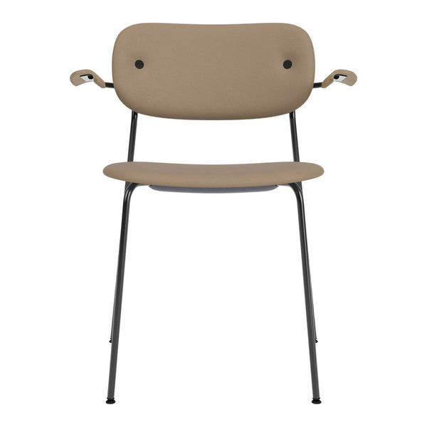Tan chair with minimalist design and black metal legs, featuring smooth, solid color and subtle curves.