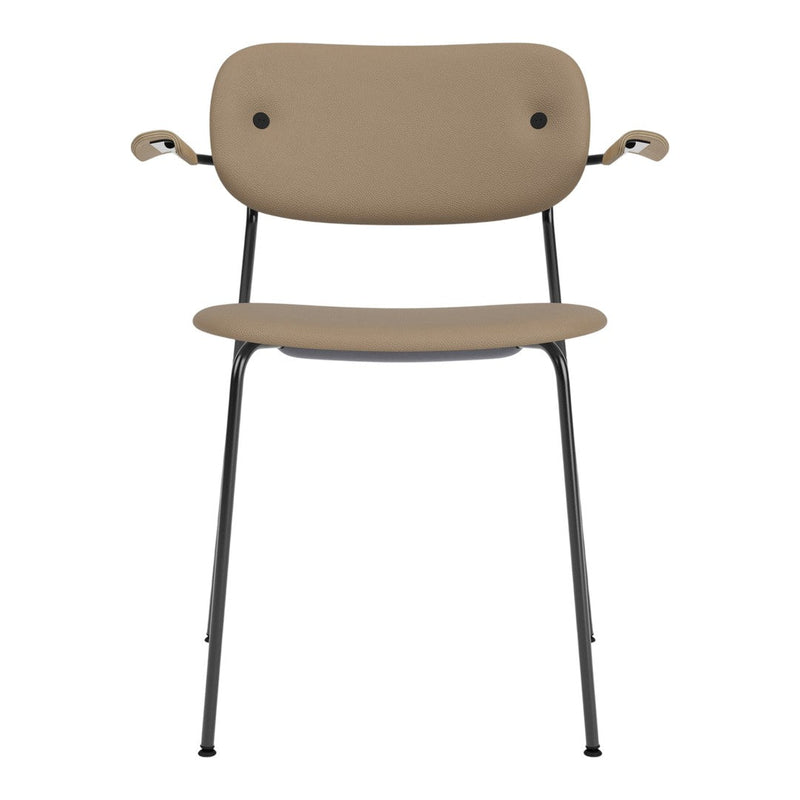 Tan chair with minimalist design and black metal legs, featuring smooth, solid color and subtle curves.