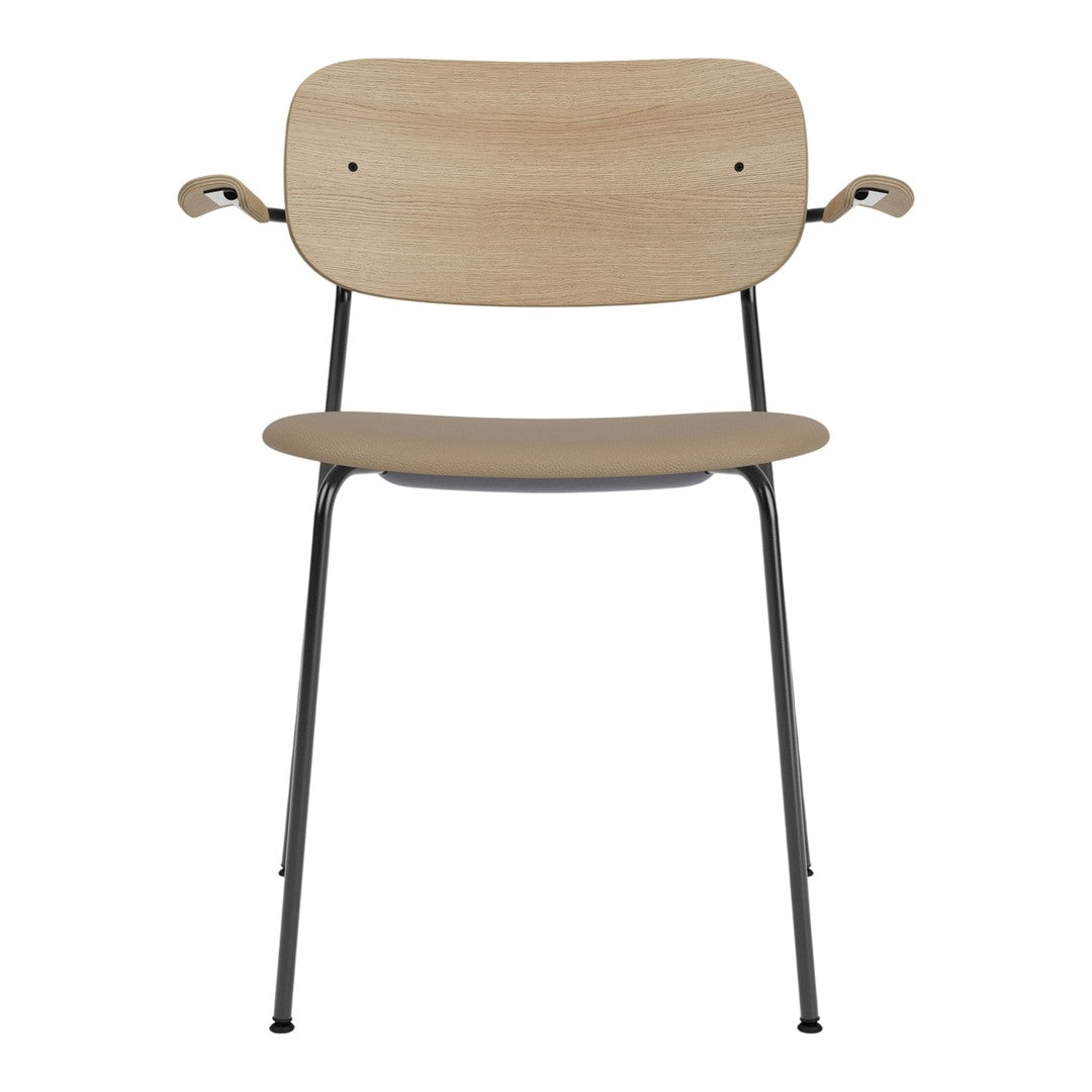 Light wood chair with a sleek black metal frame, featuring a minimalist design and natural wood grain pattern.