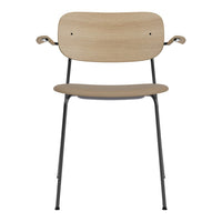 Light wood chair with a sleek black metal frame, featuring a minimalist design and natural wood grain pattern.