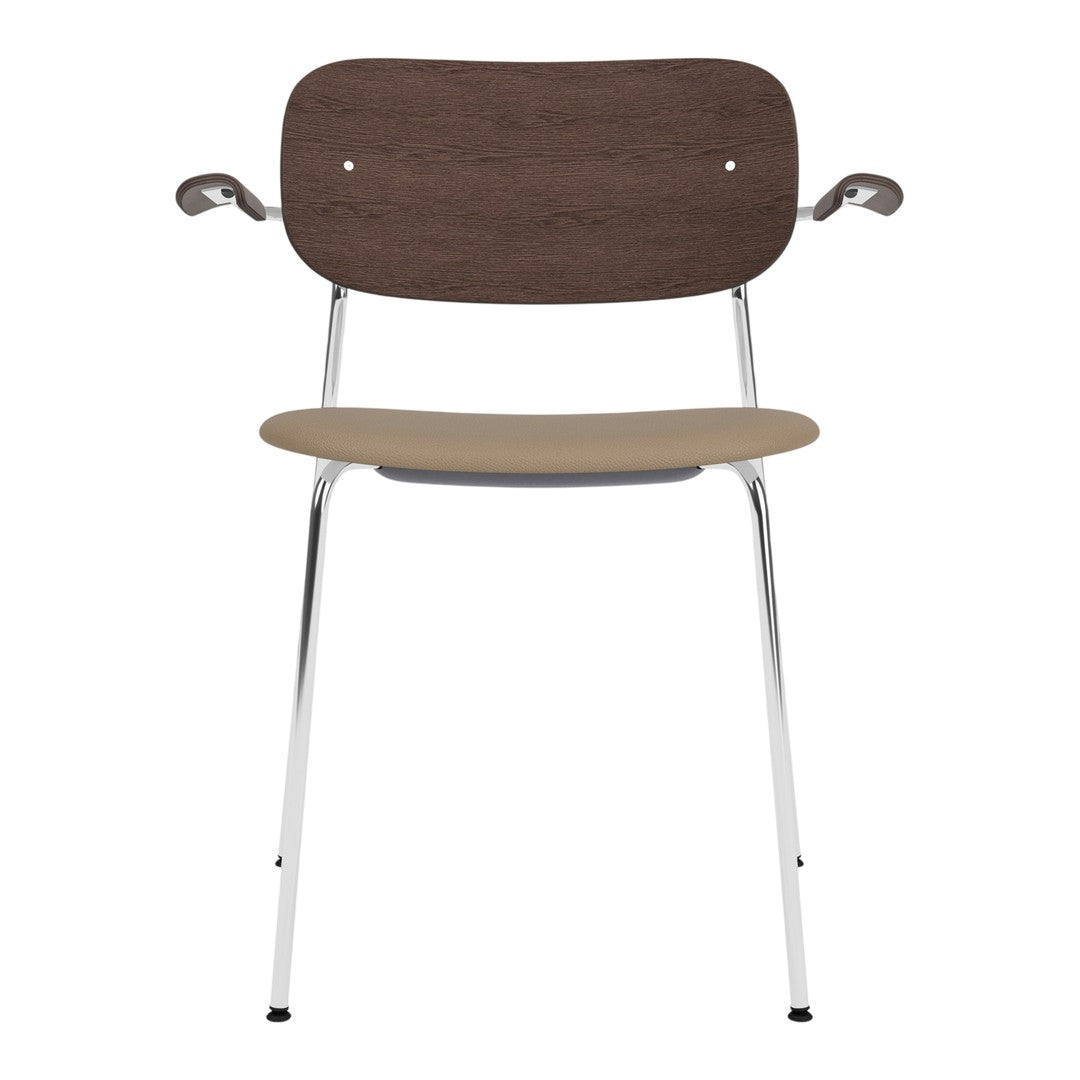 Brown wood finish with beige seat and chrome legs, featuring a simple and modern design.