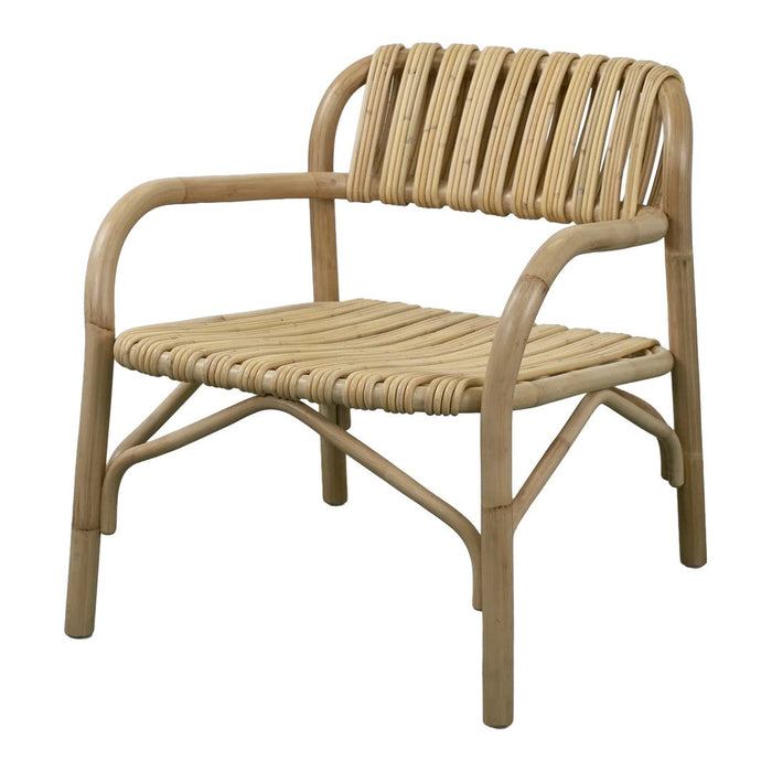 Natural bamboo armchair with a sleek, slatted design, featuring a warm, earthy finish. Perfect for minimalist decor.