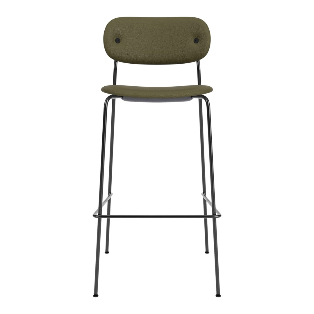 Olive green bar stool with a minimalist design and black metal frame, featuring a smooth, modern finish.