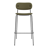 Olive green bar stool with a minimalist design and black metal frame, featuring a smooth, modern finish.