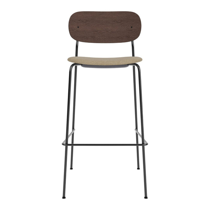Modern bar stool featuring a dark wood backrest and a light wood seat, set on a sleek black metal frame.