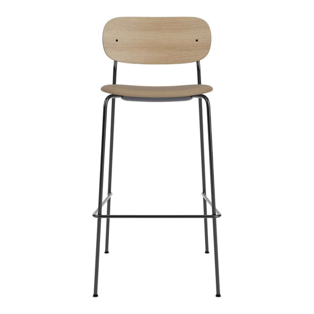 Natural wood grain seat with a sleek black metal frame, modern design minimalism in neutral tones.