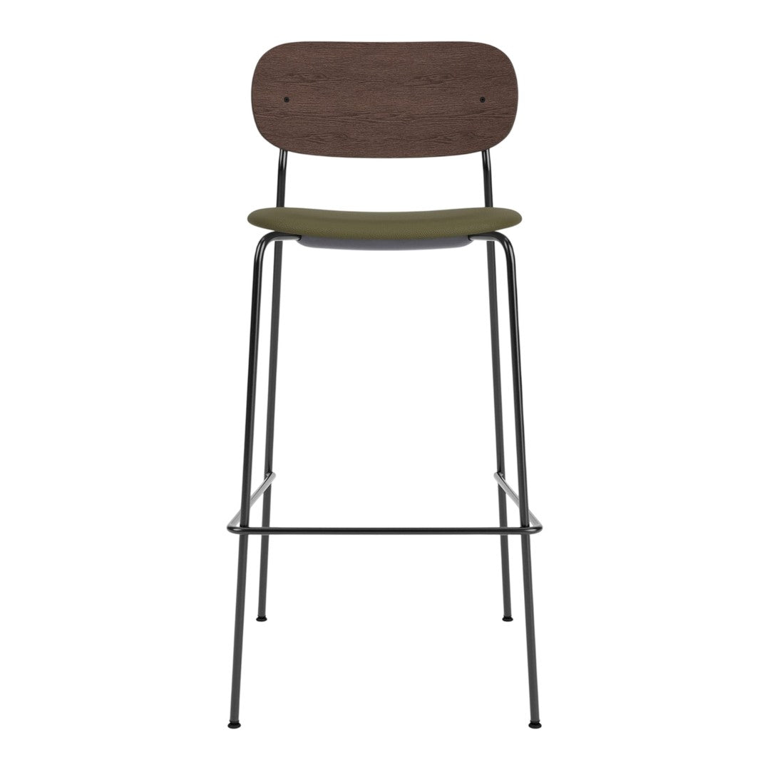 Wooden bar stool with a dark brown back, olive green seat, and sleek black metal legs, showcasing a modern design.