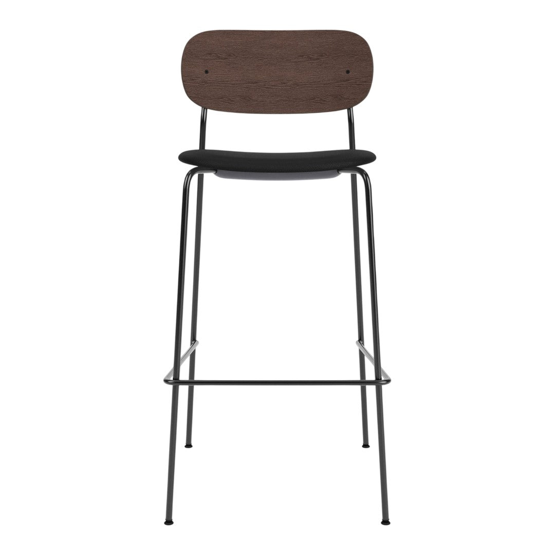 Black metal bar stool with dark wood seat and backrest, featuring a sleek, minimalist design.
