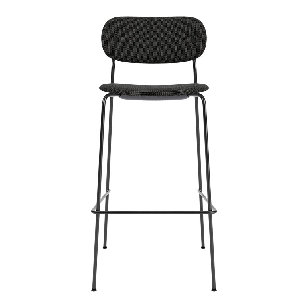Black bar stool with a smooth, curved seat and backrest, featuring a simple, modern design and slender metal legs.
