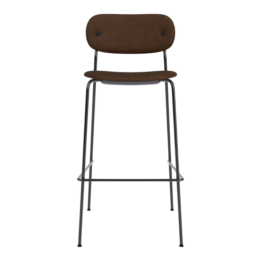 Brown fabric bar stool with a minimalist metal frame, featuring simple, clean lines and a sleek silhouette.