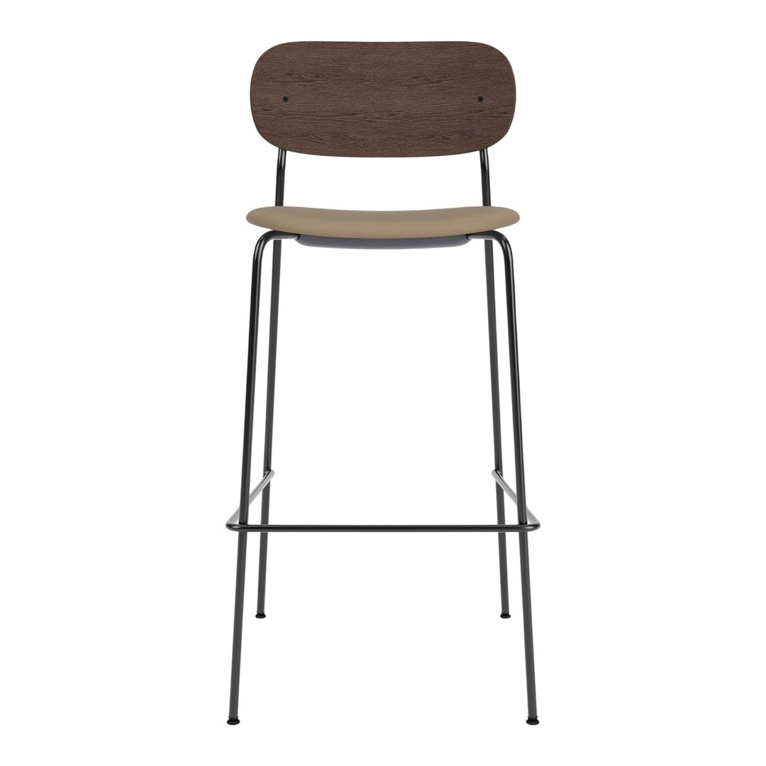 Modern bar stool featuring a dark wood backrest and a light wood seat, paired with a sleek black metal frame.