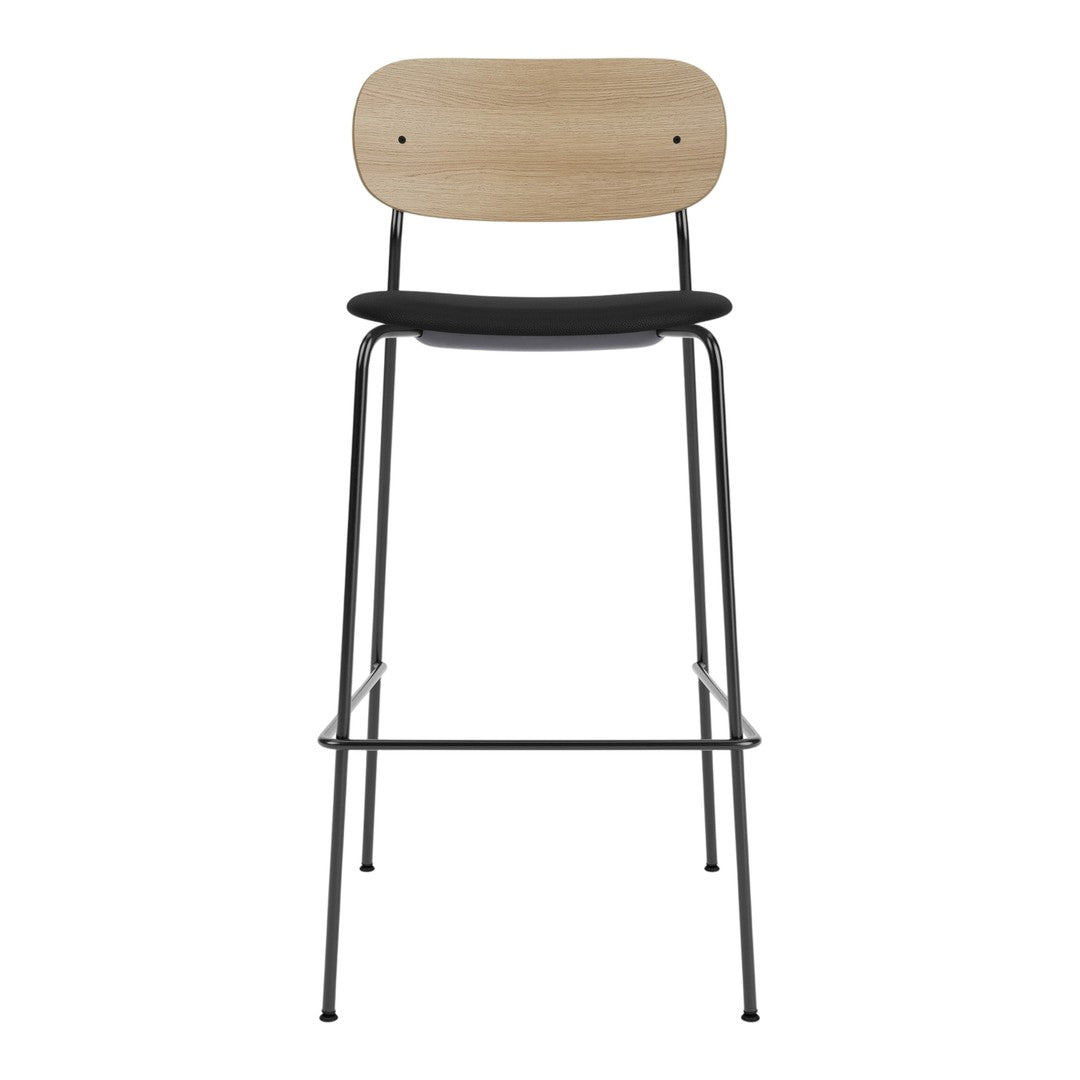Tall bar stool featuring a natural wood backrest and black seat, set on a sleek black metal frame.