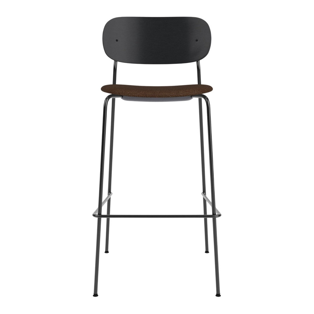 Black metal bar stool with a wooden seat, featuring a sleek, minimalist design. Ideal for modern spaces.
