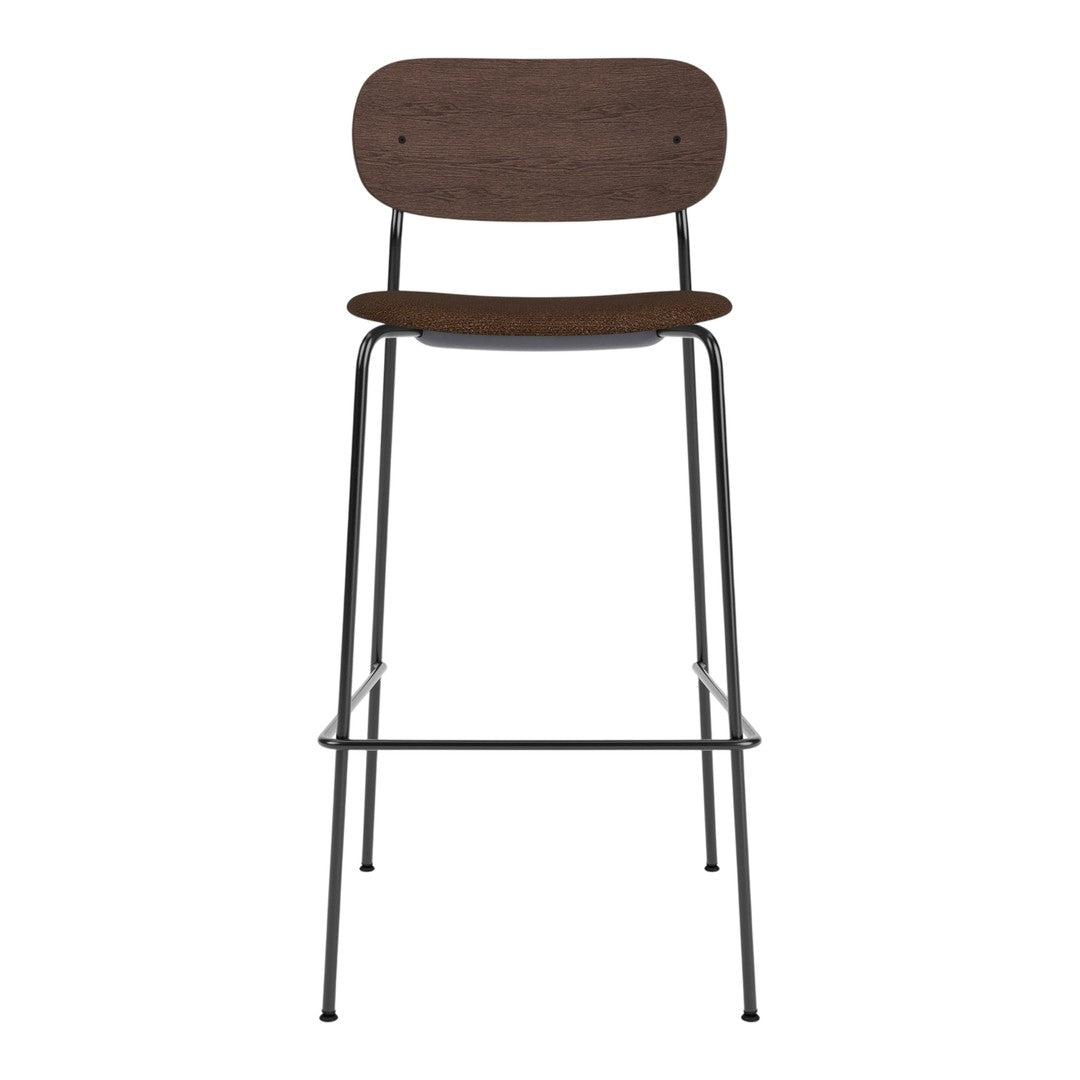 Brown wooden bar stool with a sleek black metal frame and minimalist design. Perfect for modern decor.