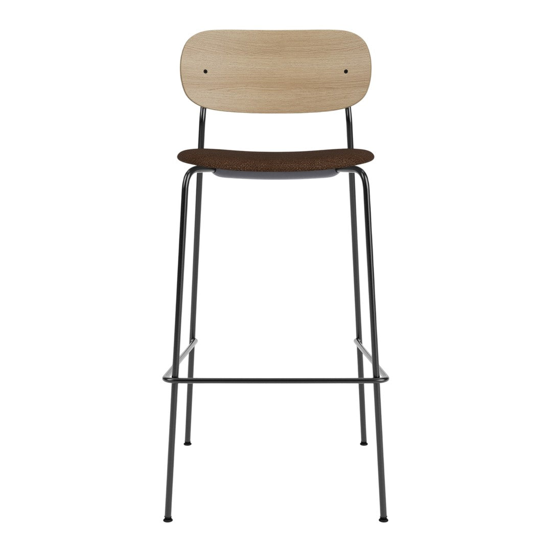Wooden bar stool with light wood backrest, brown seat, and sleek black metal legs. Modern and minimalist design.