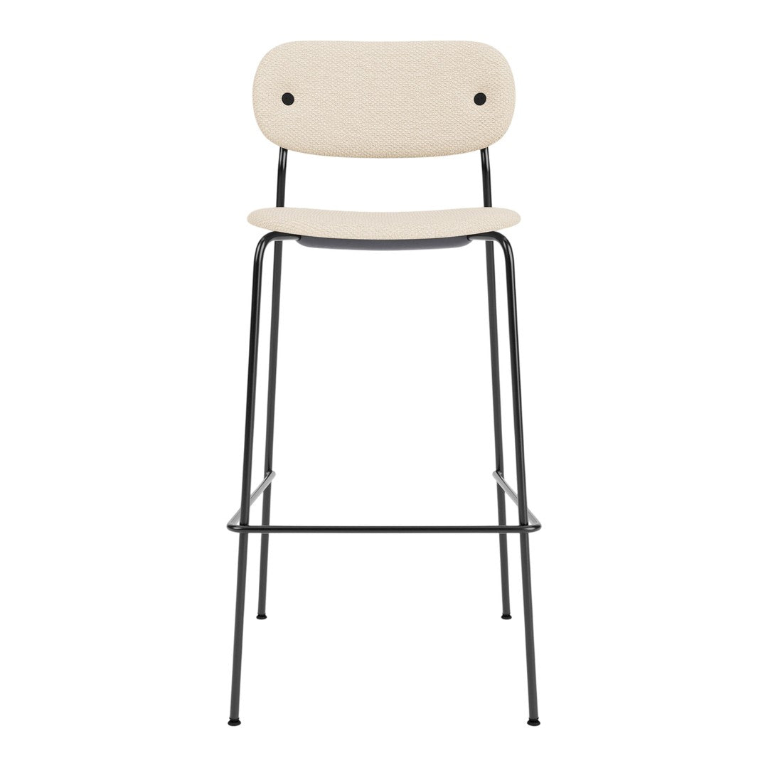 Beige high stool with a sleek black metal frame and minimalist design. Ideal for modern spaces.