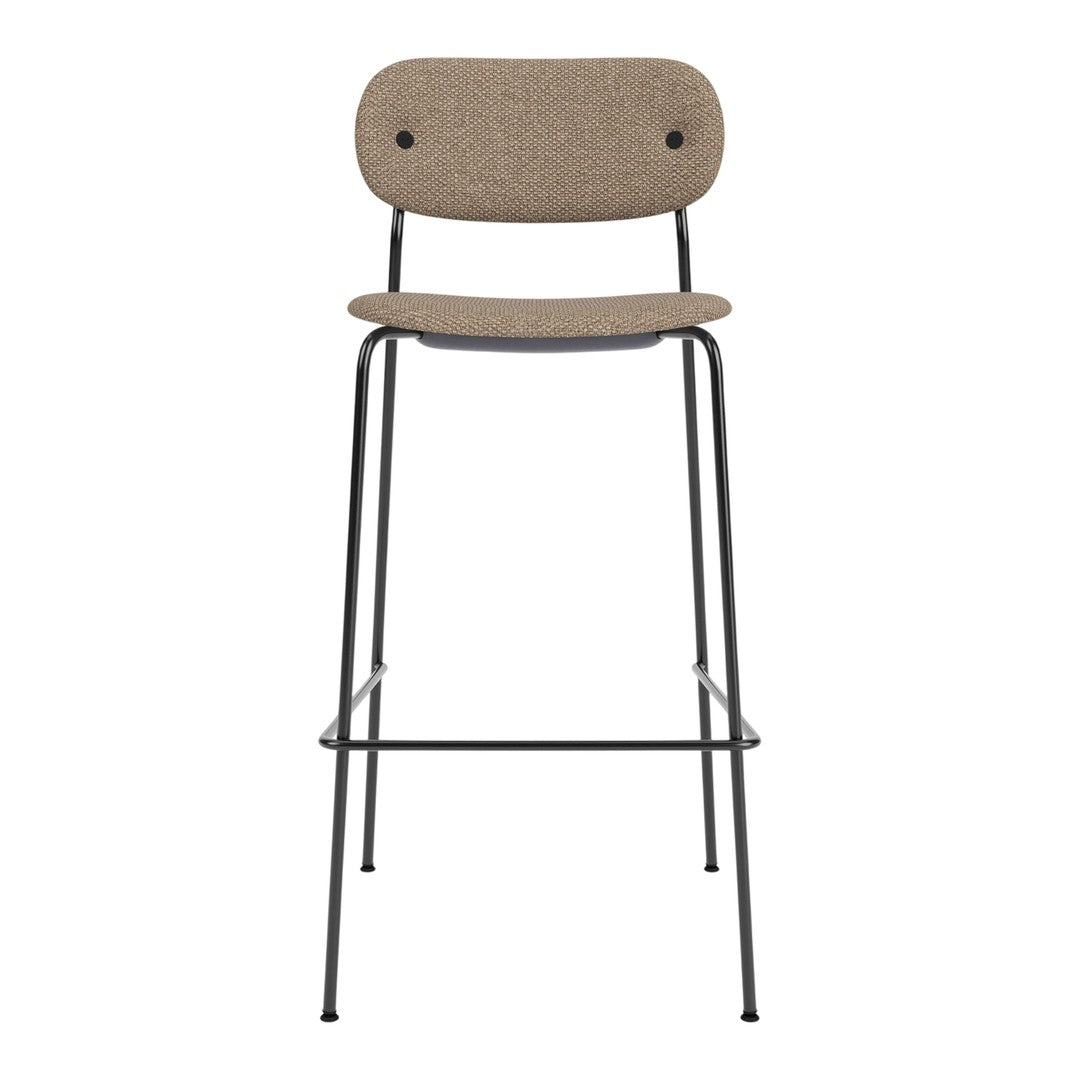 Brown textured fabric bar stool with a sleek black metal frame, minimalist design. Perfect for modern spaces.