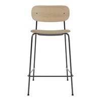 Natural wood bar stool with a light oak seat and black metal legs, featuring a minimalistic design.