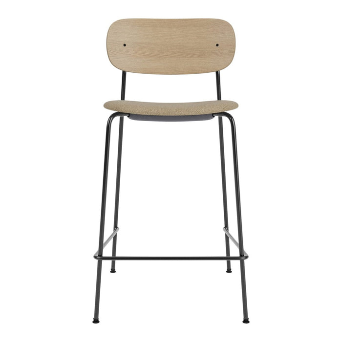 Natural wood bar stool with a light oak seat and black metal legs, featuring a minimalistic design.